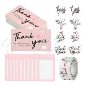570 Piece Set of Pink Thank You Card Resealable Bag Sticker Bundle